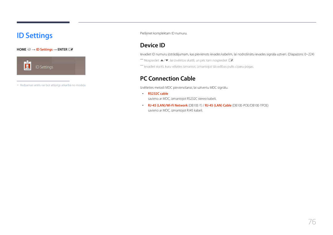 Samsung LH10DBEPEBB/EN, LH10DBEPTGC/EN, LH10DBEPPBB/EN manual ID Settings, Device ID, PC Connection Cable, RS232C cable 