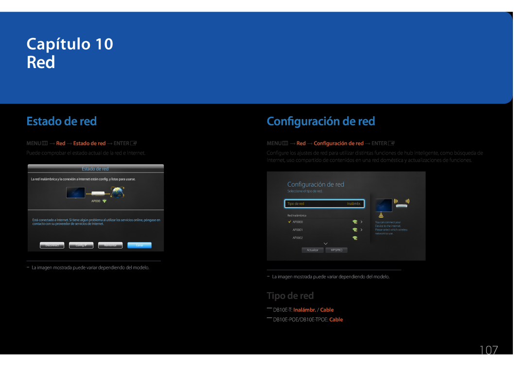 Samsung LH10DBEPPBB/EN Configuración de red, Tipo de red, Capítulo, MENUm → Red → Estado de red → ENTERE, Disconnect 