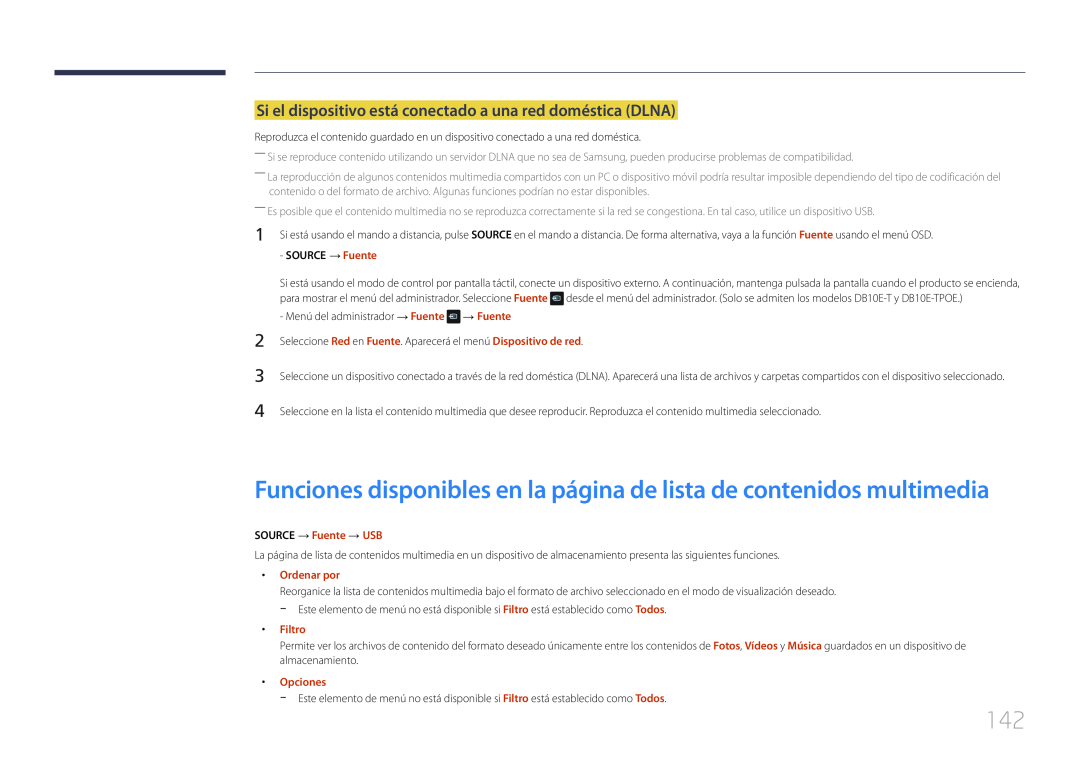 Samsung LH10DBEPEBB/EN manual Funciones disponibles en la página de lista de contenidos multimedia, SOURCE → Fuente 