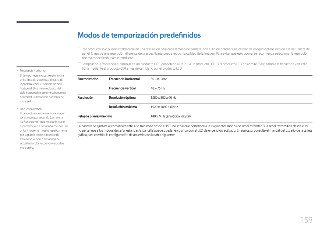 Samsung LH10DBEPPBB/EN manual Modos de temporización predefinidos, Sincronización, Frecuencia horizontal, 81 kHz, 75 Hz 