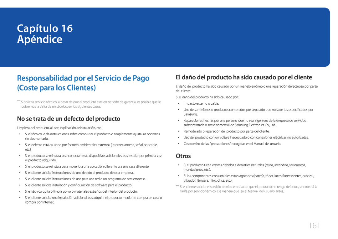 Samsung LH10DBEPPBB/EN manual Apéndice, Responsabilidad por el Servicio de Pago Coste para los Clientes, Otros, Capítulo 