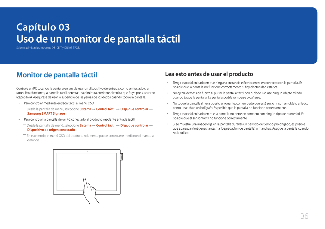 Samsung LH10DBEPTGC/EN, LH10DBEPEBB/EN manual Uso de un monitor de pantalla táctil, Monitor de pantalla táctil, Capítulo 