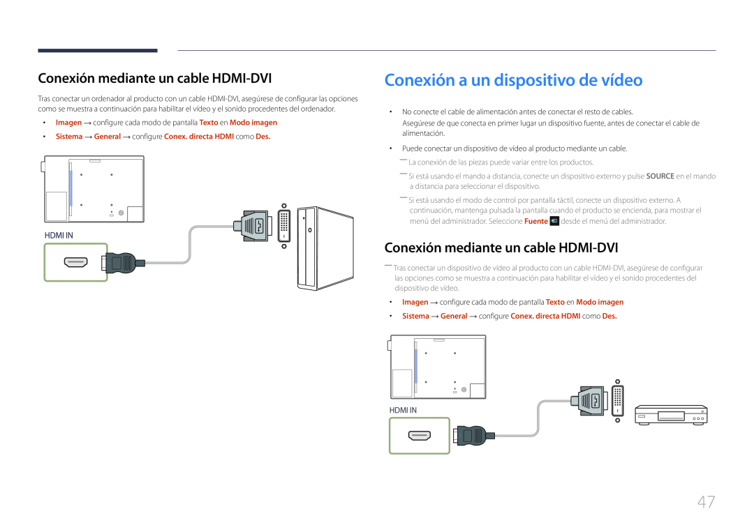Samsung LH10DBEPPBB/EN, LH10DBEPTGC/EN Conexión a un dispositivo de vídeo, Conexión mediante un cable HDMI-DVI, Hdmi In 