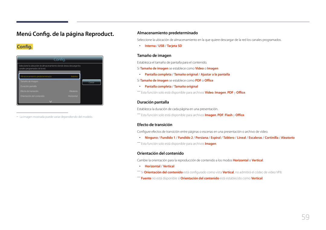 Samsung LH10DBEPPBB/EN manual Menú Config. de la página Reproduct, Almacenamiento predeterminado, Tamaño de imagen 