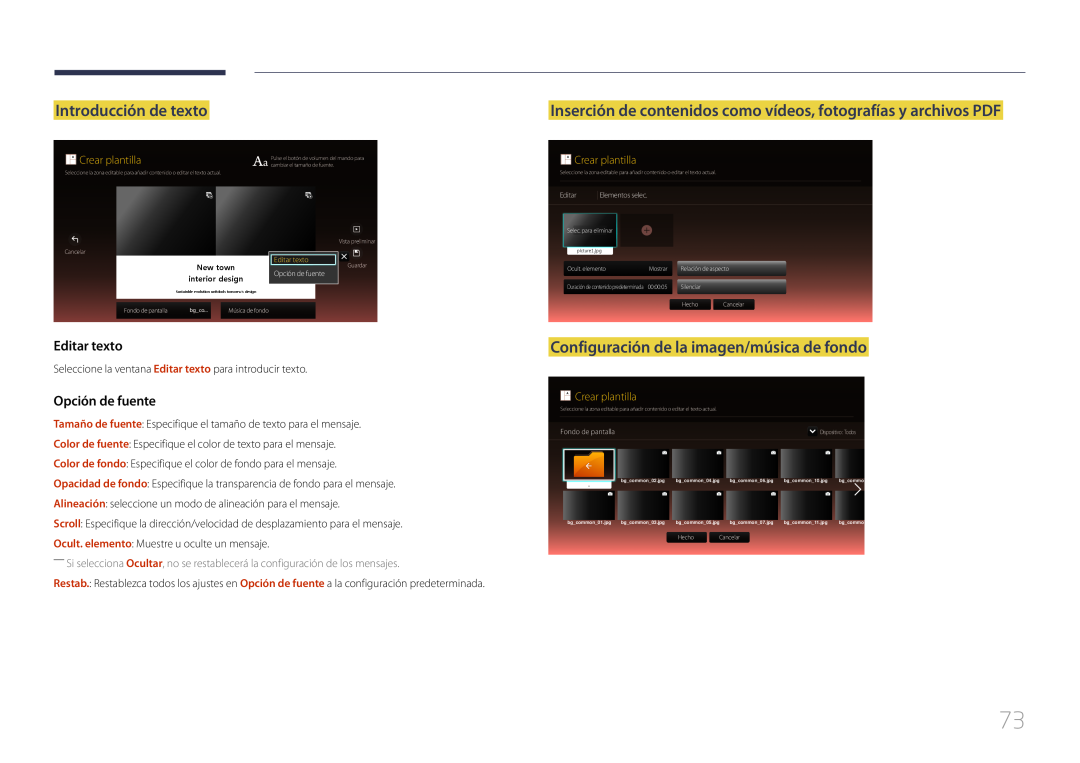 Samsung LH10DBEPEBB/EN manual Introducción de texto, Inserción de contenidos como vídeos, fotografías y archivos PDF 