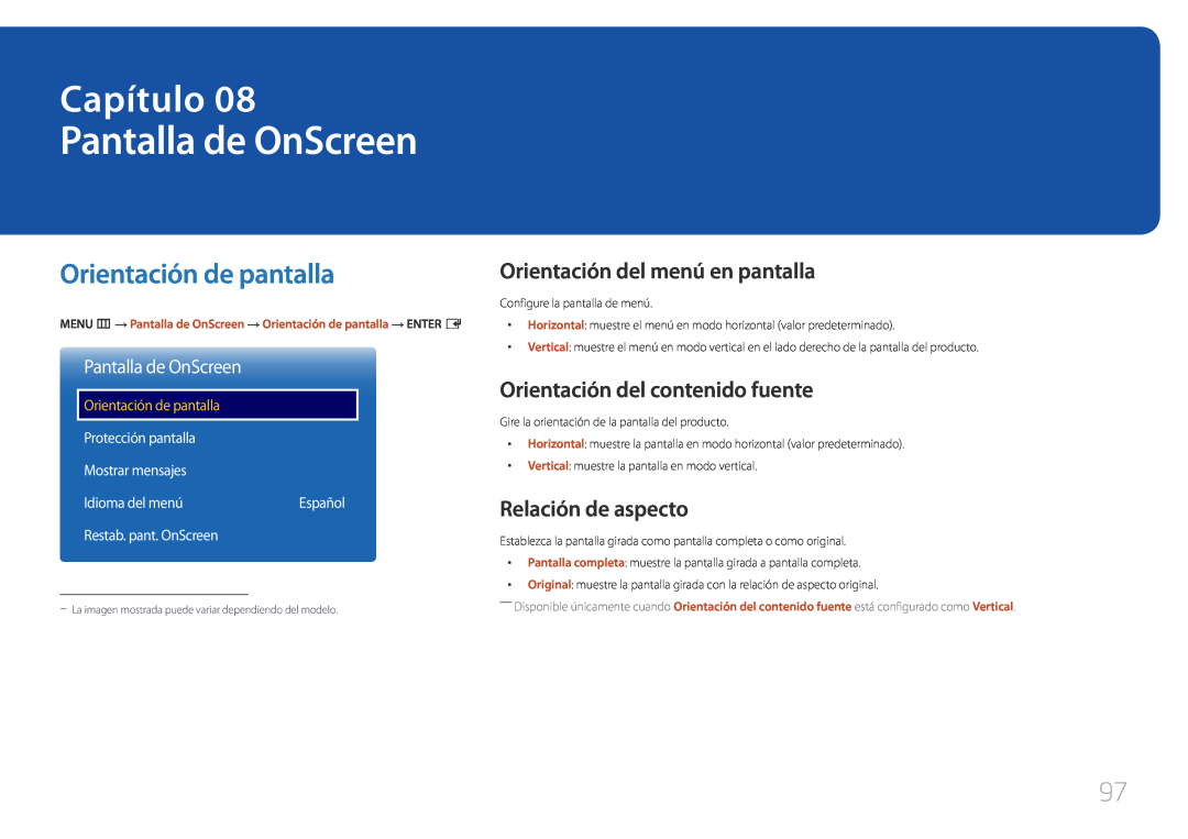 Samsung LH10DBEPEBB/EN manual Pantalla de OnScreen, Orientación de pantalla, Orientación del menú en pantalla, Capítulo 