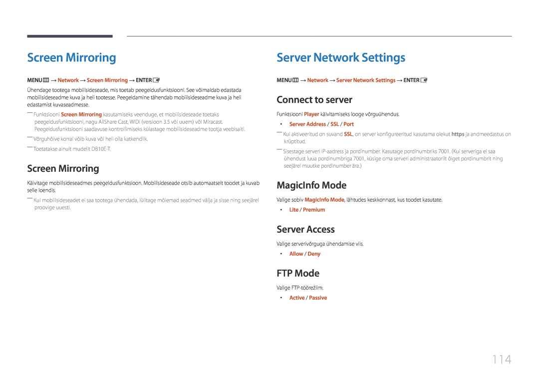 Samsung LH10DBEPTGC/EN manual Screen Mirroring, Server Network Settings, Connect to server, MagicInfo Mode, Server Access 