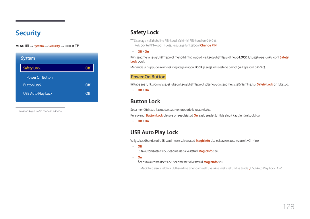 Samsung LH10DBEPPBB/EN Security, Safety Lock, Button Lock, USB Auto Play Lock, · Power On Button, System, Off / On 