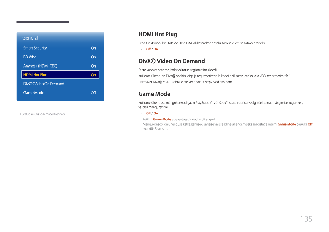 Samsung LH10DBEPTGC/EN manual HDMI Hot Plug, DivX Video On Demand, ――Režiimi Game Mode ettevaatusabinõud ja piirangud 