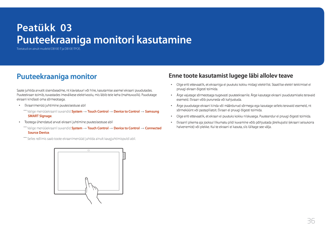 Samsung LH10DBEPTGC/EN manual Puuteekraaniga monitori kasutamine, Enne toote kasutamist lugege läbi allolev teave, Peatükk 