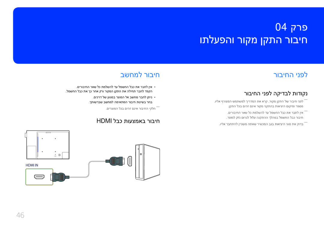 Samsung LH10DBEPTGC/EN, LH10DBEPEBB/EN manual ותלעפהו רוקמ ןקתה רוביח, בשחמל רוביח, רוביחה ינפל, Hdmi לבכ תועצמאב רוביח 