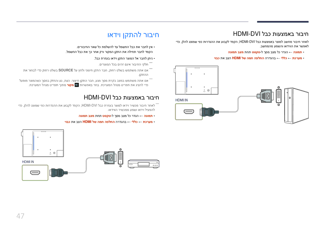 Samsung LH10DBEPEBB/EN ואדיו ןקתהל רוביח, Hdmi-Dvi לבכ תועצמאב רוביח, יובכ תא בצה Hdmi לש המח הפלחה הרדגהב ← יללכ ← תכרעמ 