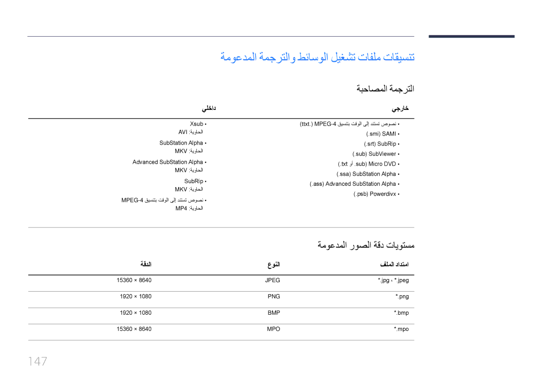 Samsung LH10DBEPTGC/NG manual 147, ةبحاصملا ةمجرتلا, ةموعدملا روصلا ةقد تايوتسم, يلخاد يجراخ, ةقدلا عونلا فلملا دادتما 