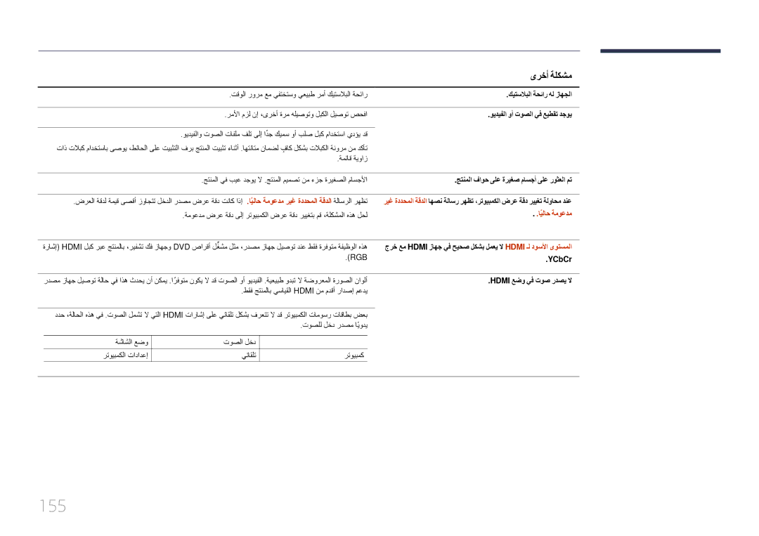 Samsung LH10DBEPTGC/NG, LH10DBEPTGC/EN, LH10DBEPEBB/NG, LH10DBEPEBB/UE manual 155, ىرخأ ةلكشم, ايلاحً ةموعدم 