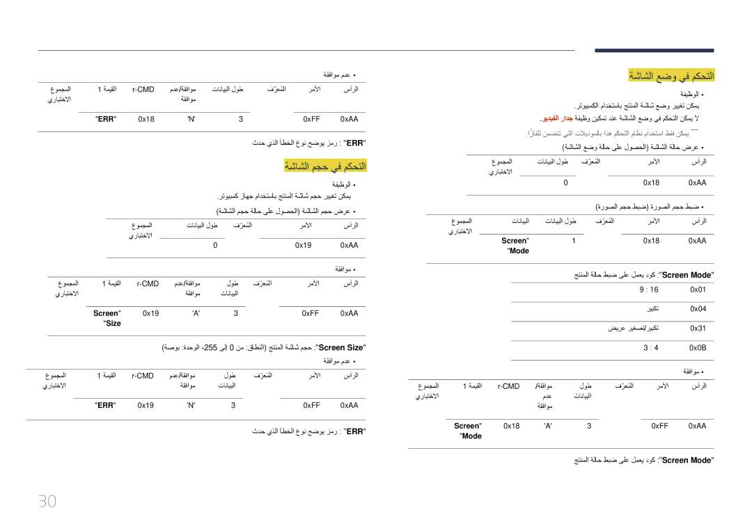 Samsung LH10DBEPEBB/UE, LH10DBEPTGC/EN manual ثدح يذلا أطخلا عون حضوي زمر Err, ةشاشلا مجح ةلاح ىلع لوصحلا ةشاشلا مجح ضرع 