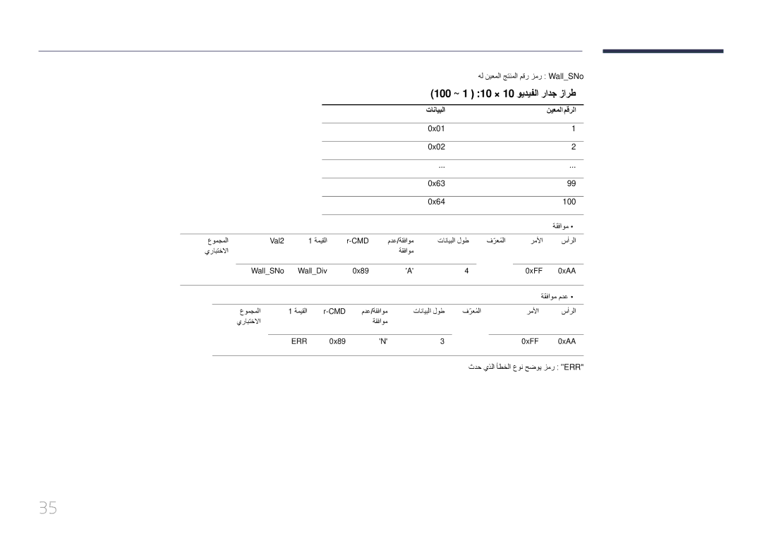 Samsung LH10DBEPTGC/NG, LH10DBEPTGC/EN, LH10DBEPEBB/NG, LH10DBEPEBB/UE manual تانايبلا, 0x01 0x02 0x63 0x64 100 ةقفاوم 