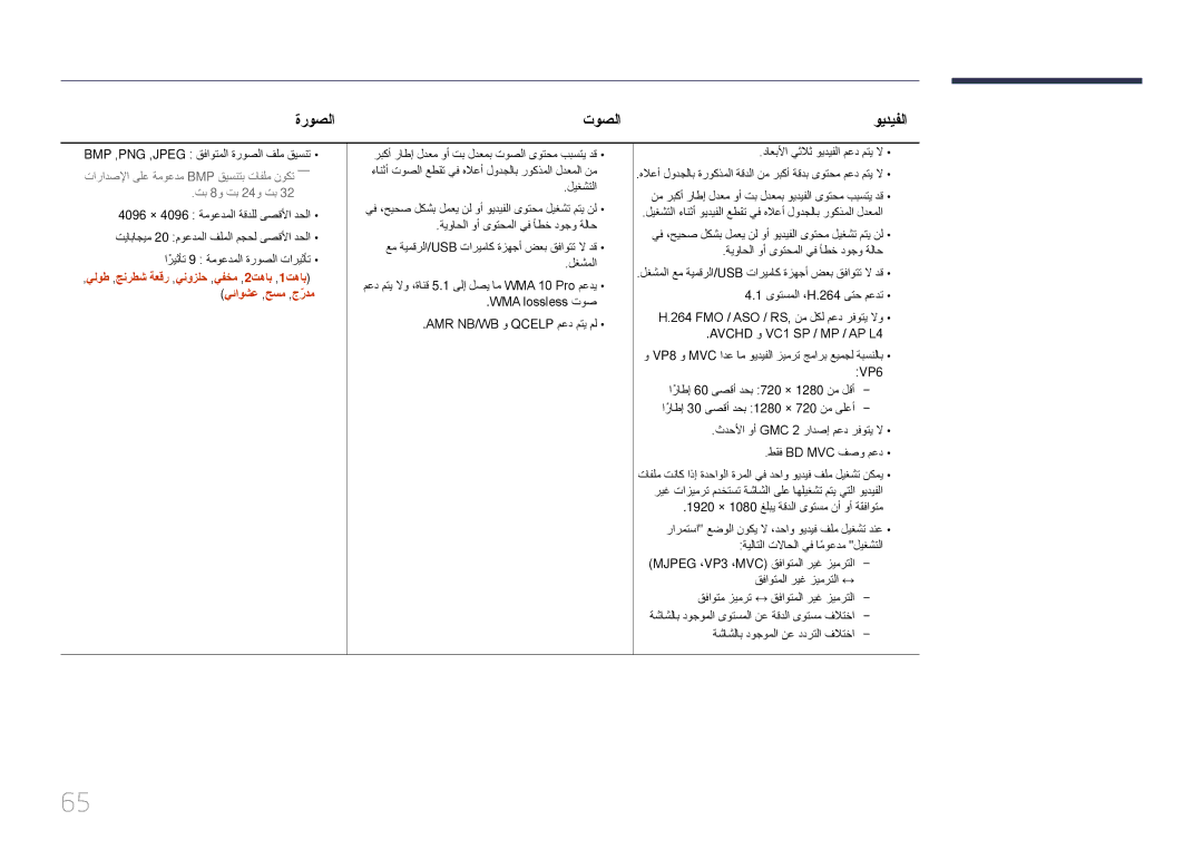 Samsung LH10DBEPEBB/NG, LH10DBEPTGC/EN, LH10DBEPEBB/UE manual ةروصلا توصلا, ‏Bmp ,‏Png ,‏Jpeg قفاوتملا ةروصلا فلم قيسنت 