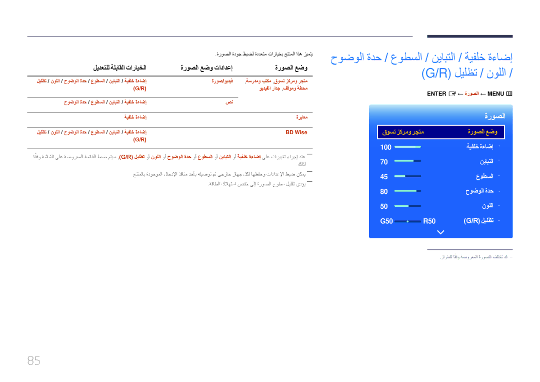 Samsung LH10DBEPEBB/NG manual ليدعتلل ةلباقلا تارايخلا, ةروصلا عضو, ةروصلا ةدوج طبضل ةددعتم تارايخب جتنملا اذه زيمتي 