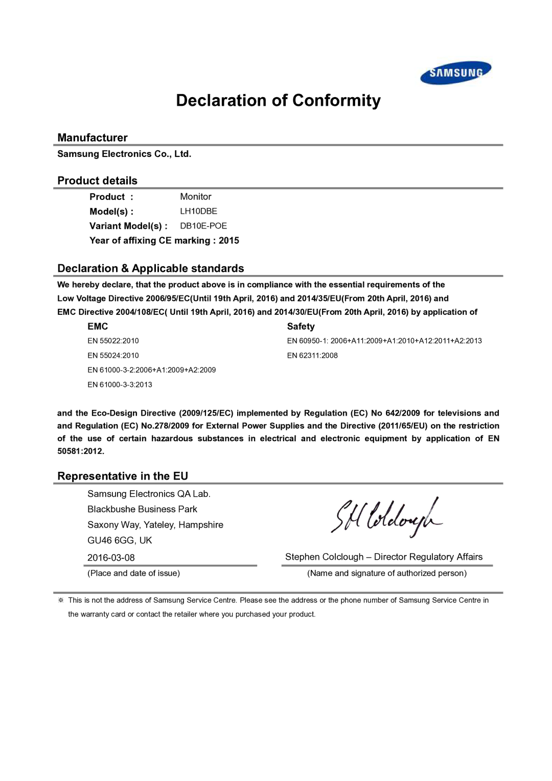 Samsung LH10DBEPTGC/NG manual Declaration of Conformity, Manufacturer Product details, Declaration & Applicable standards 