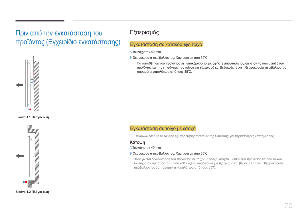 Samsung LH10DBEPTGC/EN manual Εξαερισμός, Εγκατάσταση σε κατακόρυφο τοίχο, Εγκατάσταση σε τοίχο με εσοχή, Κάτοψη 