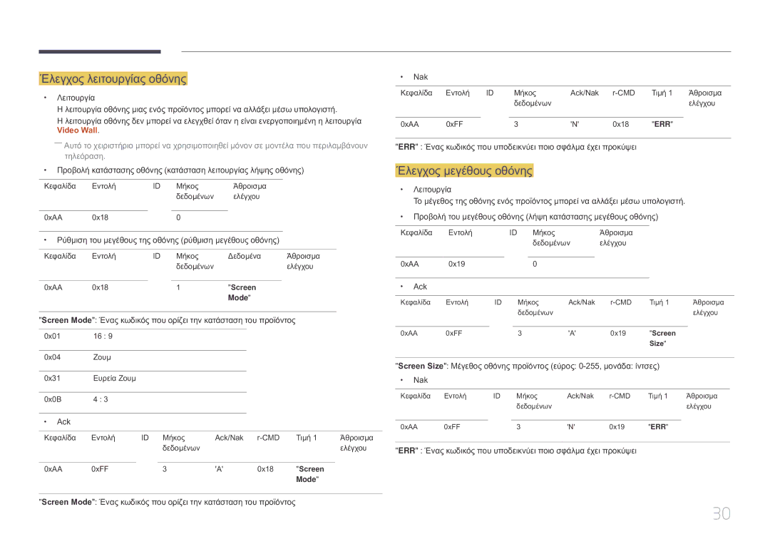 Samsung LH10DBEPTGC/EN manual Έλεγχος λειτουργίας οθόνης, Έλεγχος μεγέθους οθόνης, Video Wall 