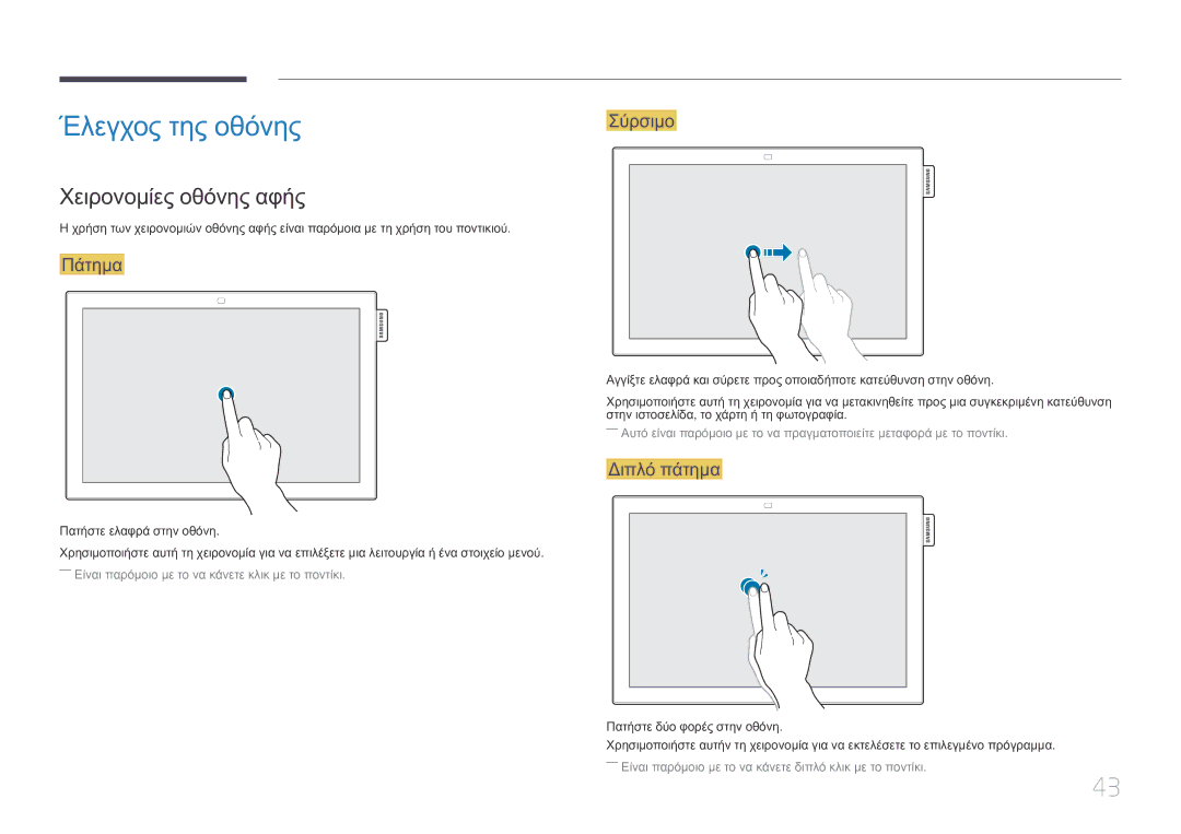 Samsung LH10DBEPTGC/EN manual Έλεγχος της οθόνης, Χειρονομίες οθόνης αφής, Πάτημα, Σύρσιμο, Διπλό πάτημα 
