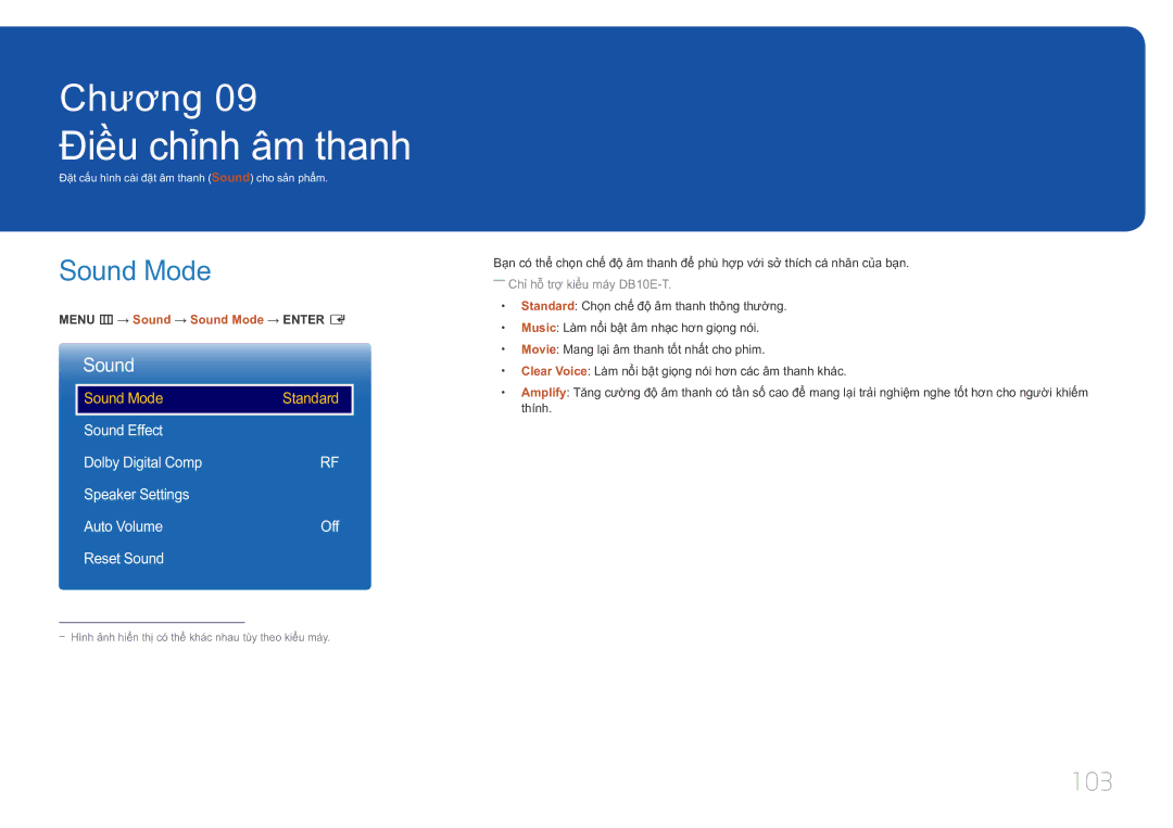 Samsung LH10DBEPTGC/XY manual Điều chỉnh âm thanh, 103, Menu m → Sound → Sound Mode → Enter E 