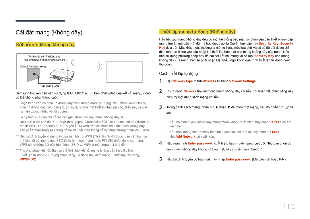 Samsung LH10DBEPTGC/XY manual 110, Cà̀i đặ̣t mạ̣ng Không dây, Thiế́t lậ̣p mạ̣ng tự̣ độ̣ng Không dây 