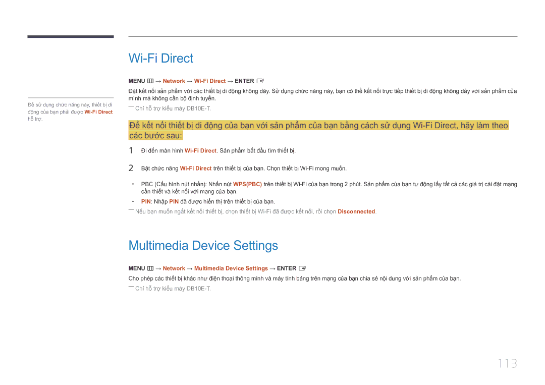 Samsung LH10DBEPTGC/XY manual Multimedia Device Settings, 113, Menu m → Network → Wi-Fi Direct → Enter E 