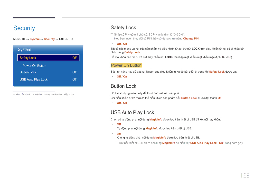 Samsung LH10DBEPTGC/XY manual Security, 128, Safety Lock, Button Lock, USB Auto Play Lock 