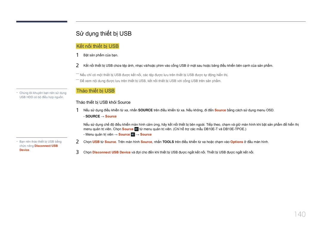 Samsung LH10DBEPTGC/XY manual 140, Sư dung thiết bị USB, Kết nối thiết bị USB, Tháo thiết bị USB 