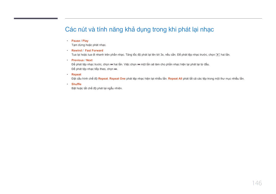Samsung LH10DBEPTGC/XY manual 146, Tạm dừng hoặc phát nhạc, Shuffle, Bậ̣t hoặ̣c tắ́t chế́ độ̣ phát lại ngâu nhiên 