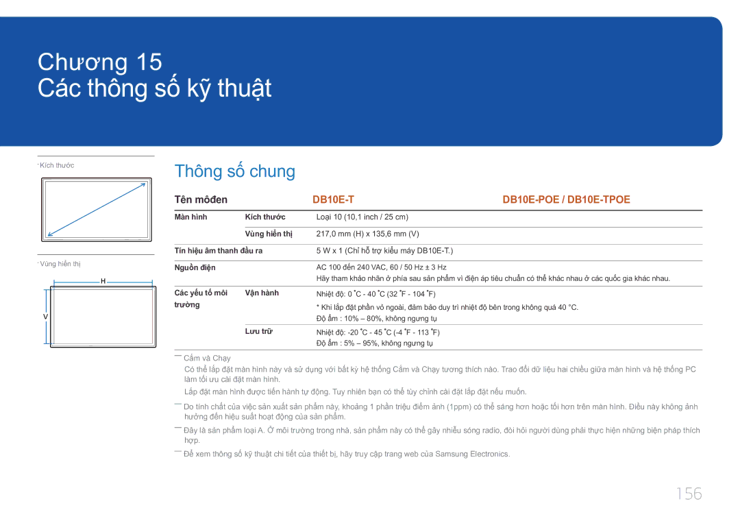 Samsung LH10DBEPTGC/XY manual Các thông số́ kỹ̃ thuậ̣t, Thông số chung, 156, Tên môđen 