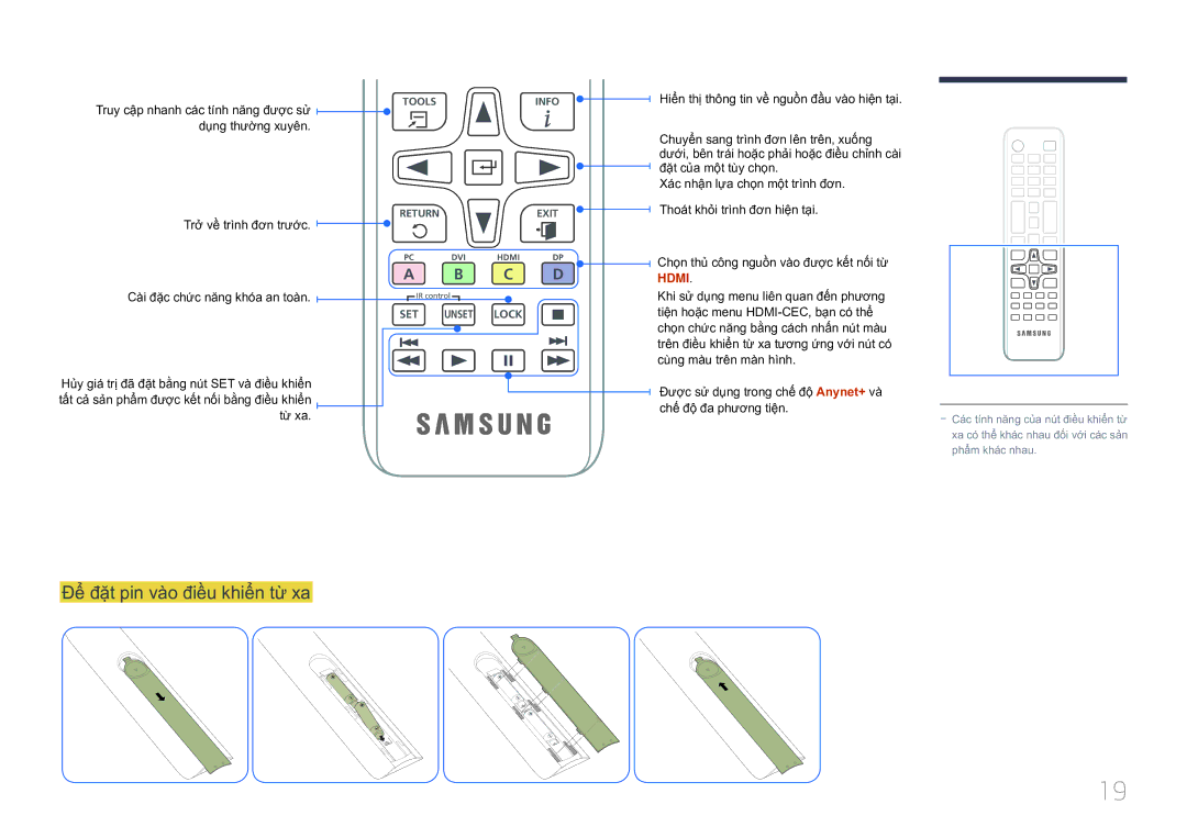 Samsung LH10DBEPTGC/XY manual Để̉ đặ̣t pin và̀o điề̀u khiể̉n từ̀ xa, Dụng thườ̀ng xuyên 