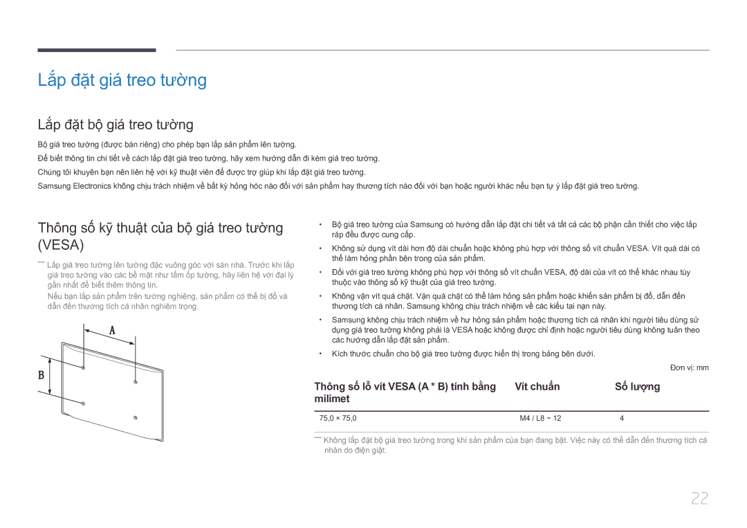 Samsung LH10DBEPTGC/XY manual Lắp đặt giá treo tường, Lắp đặt bộ giá treo tường 