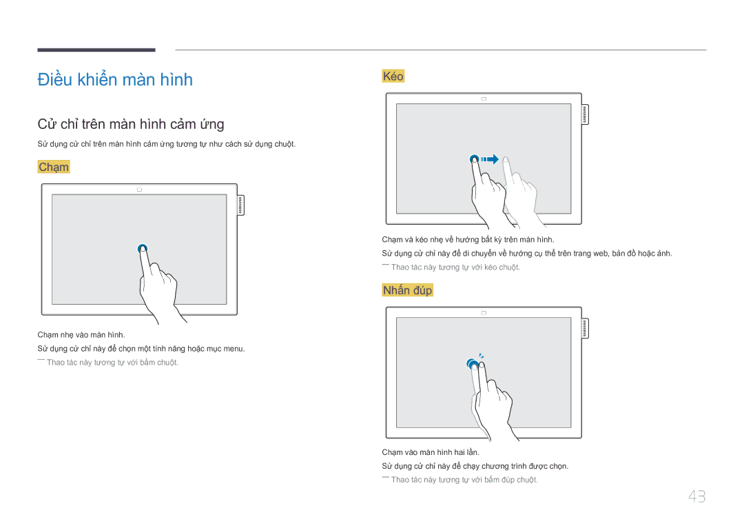 Samsung LH10DBEPTGC/XY manual Điề̀u khiể̉n mà̀n hì̀nh, Cử chỉ̉ trên mà̀n hì̀nh cả̉m ứ́ng, Chạ̣m, Ké́o, Nhấ́n đú́p 
