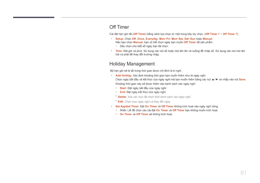 Samsung LH10DBEPTGC/XY manual Off Timer, Holiday Management 