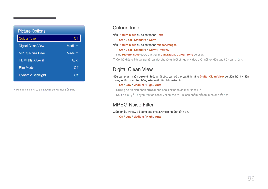 Samsung LH10DBEPTGC/XY manual Colour Tone, Digital Clean View, Mpeg Noise Filter, Nế́u Picture Mode đượ̣c đặ̣t thà̀nh Text 