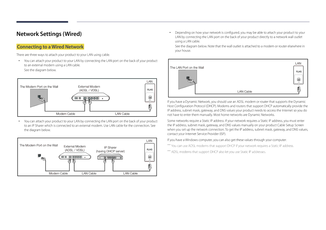 Samsung LH22DBDPLGC/UE, LH22DBDPLGC/EN manual Network Settings Wired, Connecting to a Wired Network 