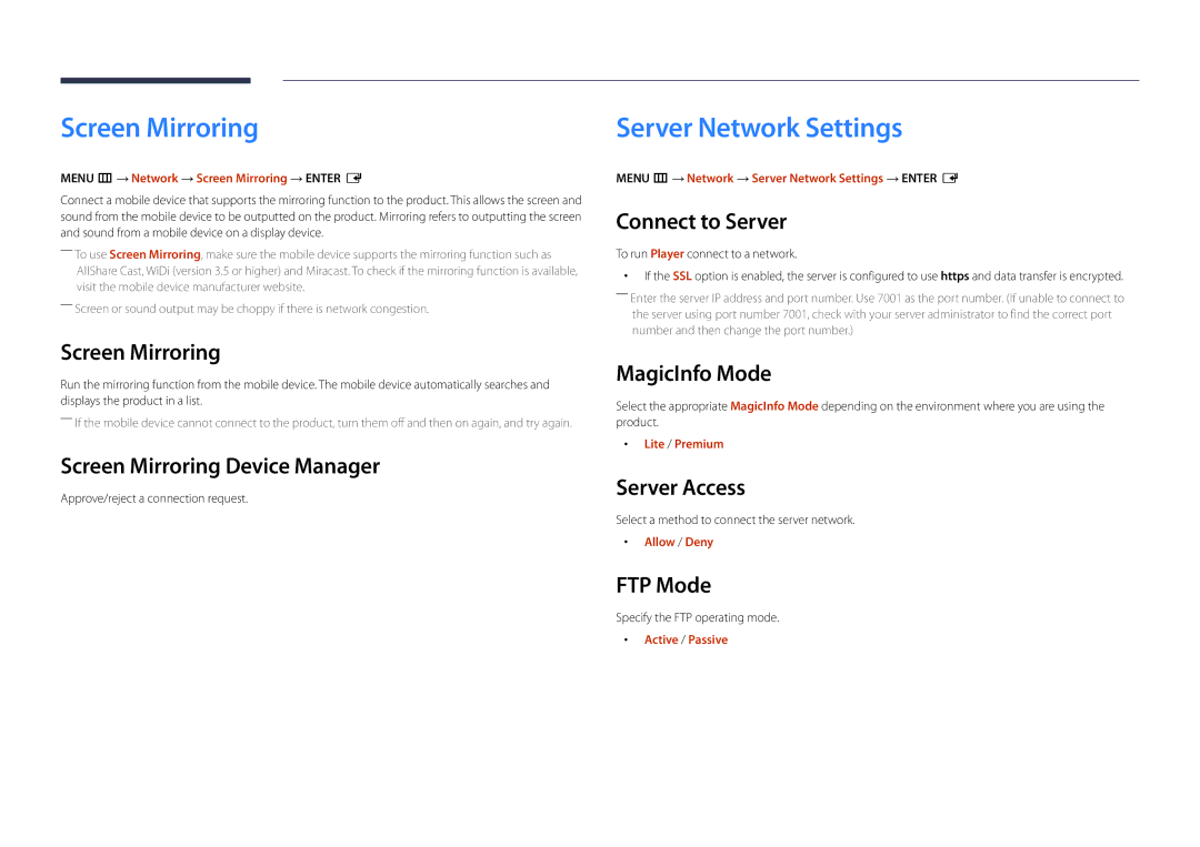 Samsung LH22DBDPLGC/UE, LH22DBDPLGC/EN manual Screen Mirroring, Server Network Settings 