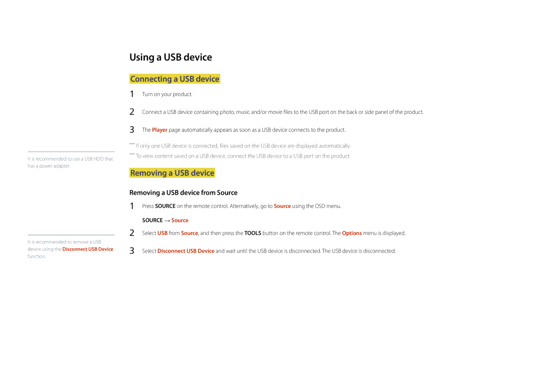 Samsung LH22DBDPLGC/EN manual Using a USB device, Connecting a USB device, Removing a USB device, Turn on your product 