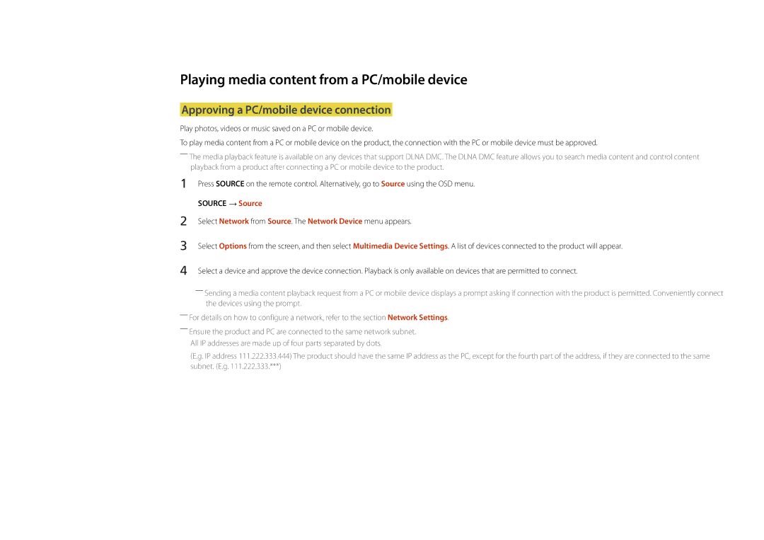 Samsung LH22DBDPLGC/UE manual Playing media content from a PC/mobile device, Approving a PC/mobile device connection 