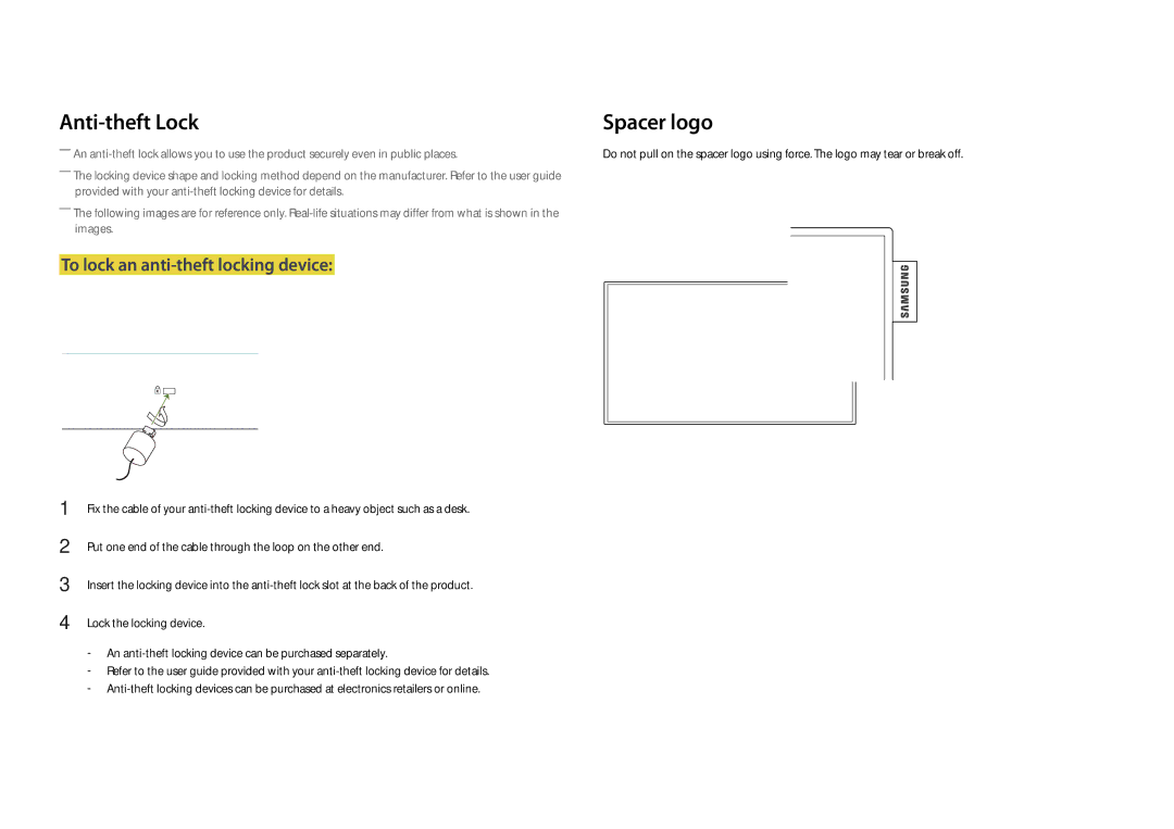 Samsung LH22DBDPLGC/EN, LH22DBDPLGC/UE manual Anti-theft Lock, To lock an anti-theft locking device 