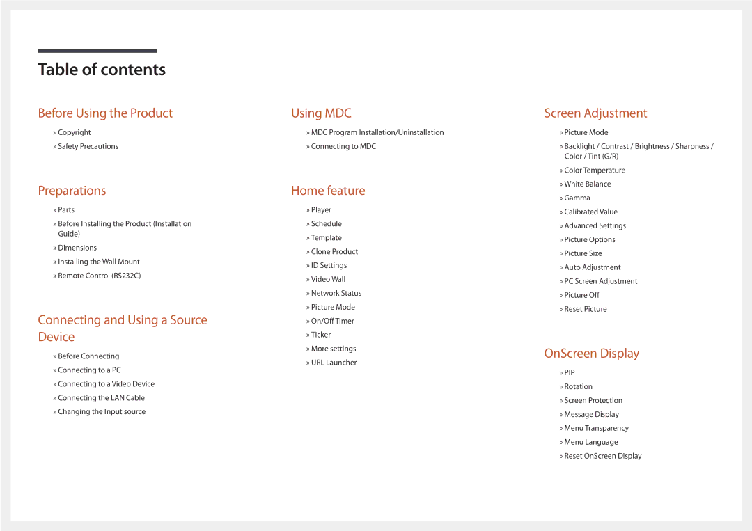 Samsung LH22DBDPLGC/EN, LH22DBDPLGC/UE manual Table of contents 