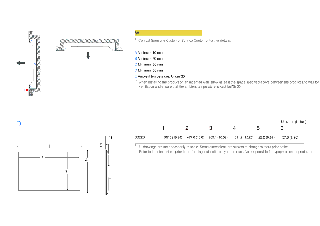 Samsung LH22DBDPLGC/EN, LH22DBDPLGC/UE Dimensions, Installation on an Indented Wall, Plane view, Model name, 22.2 57.8 