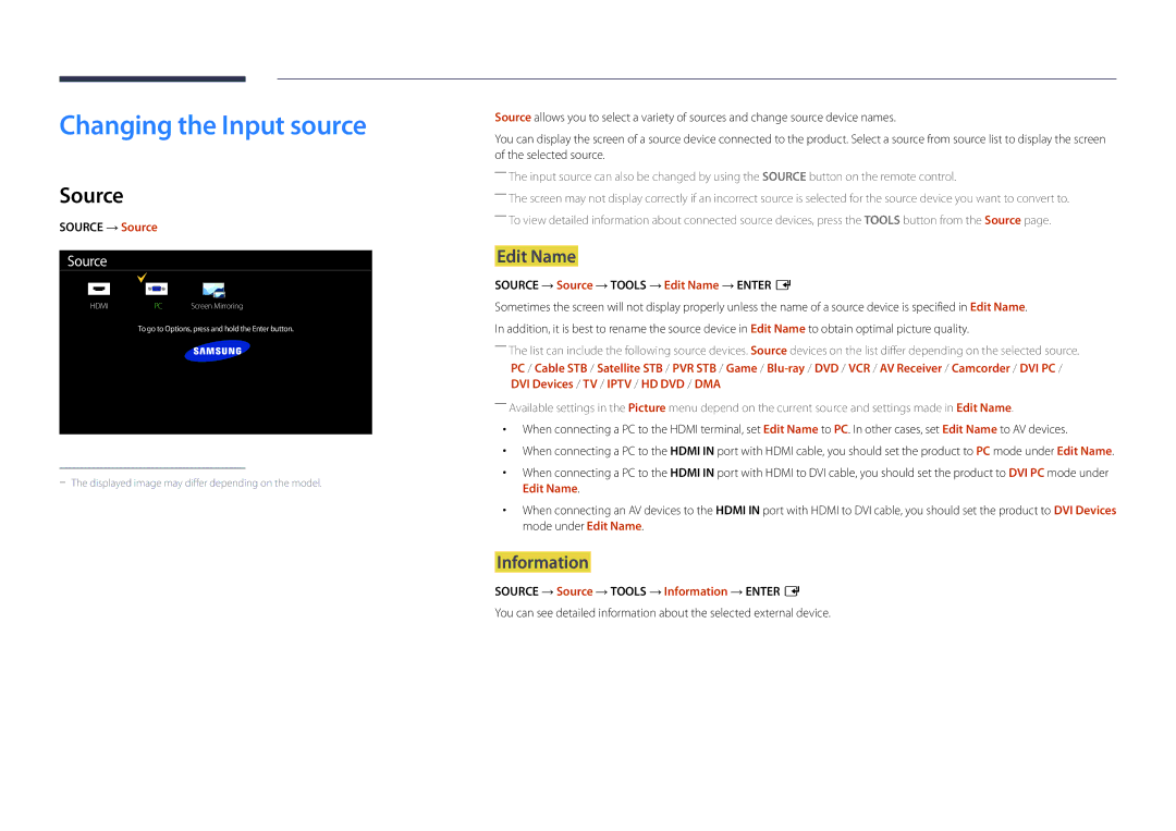 Samsung LH22DBDPLGC/UE, LH22DBDPLGC/EN manual Changing the Input source, Source, Edit Name, Information 