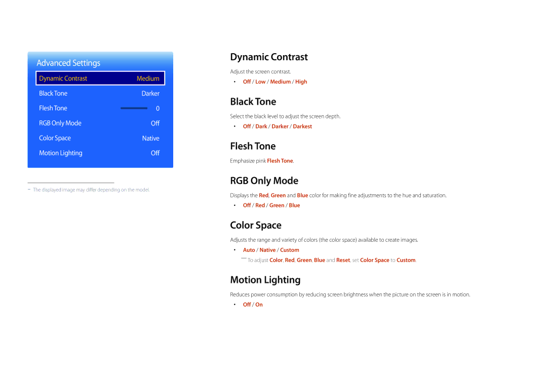 Samsung LH22DBDPLGC/UE manual Dynamic Contrast, Black Tone, Flesh Tone, RGB Only Mode, Color Space, Motion Lighting 