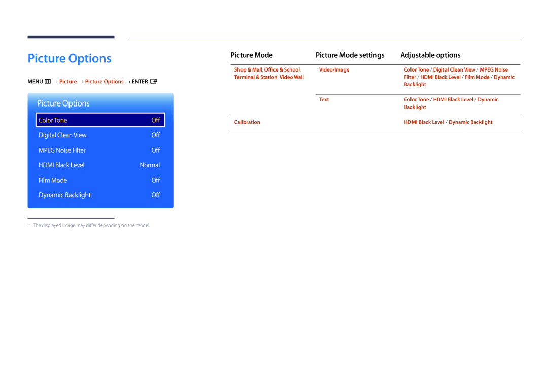 Samsung LH22DBDPLGC/EN, LH22DBDPLGC/UE manual Picture Options, Digital Clean View Off Mpeg Noise Filter Hdmi Black Level 