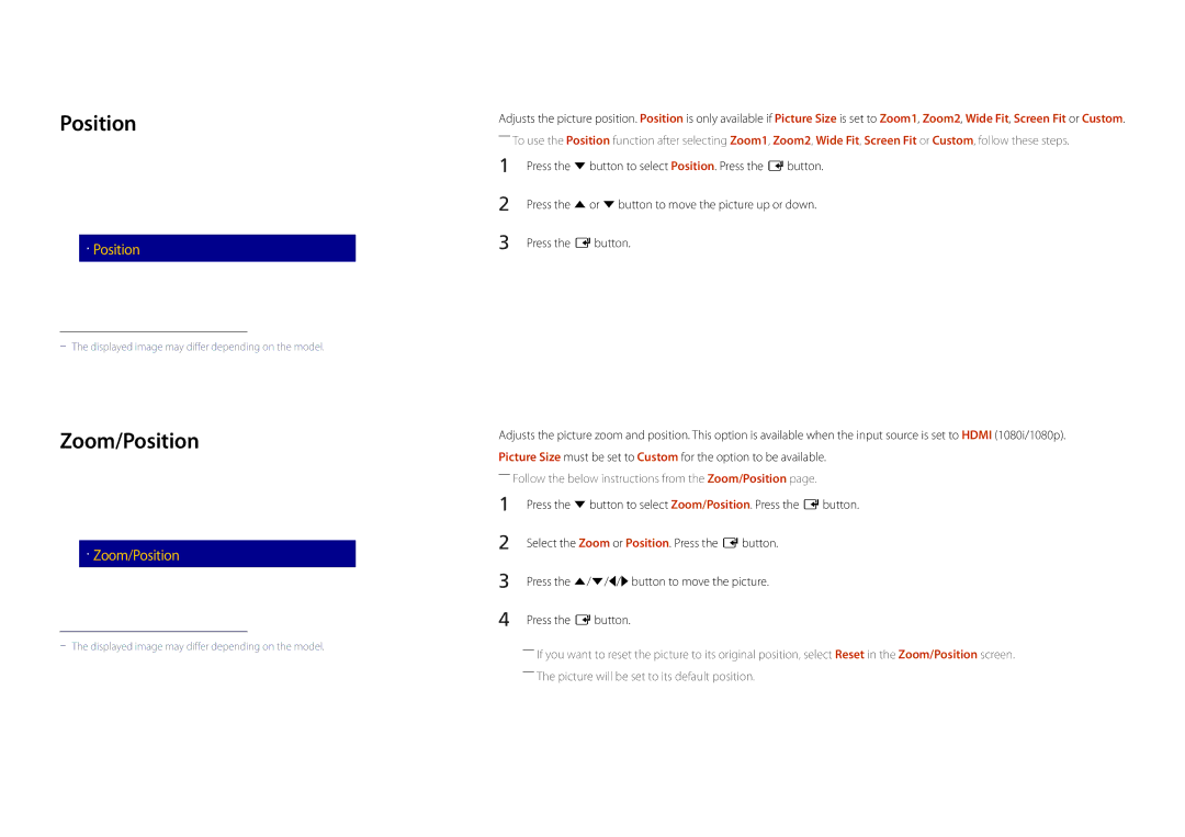 Samsung LH22DBDPLGC/EN, LH22DBDPLGC/UE manual Zoom/Position, Picture Size 