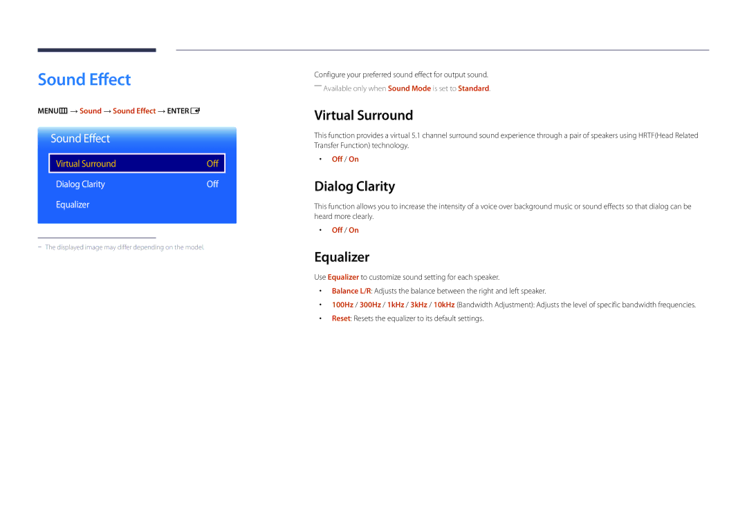 Samsung LH22DBDPLGC/UE, LH22DBDPLGC/EN manual Sound Effect, Virtual Surround, Dialog Clarity, Equalizer 